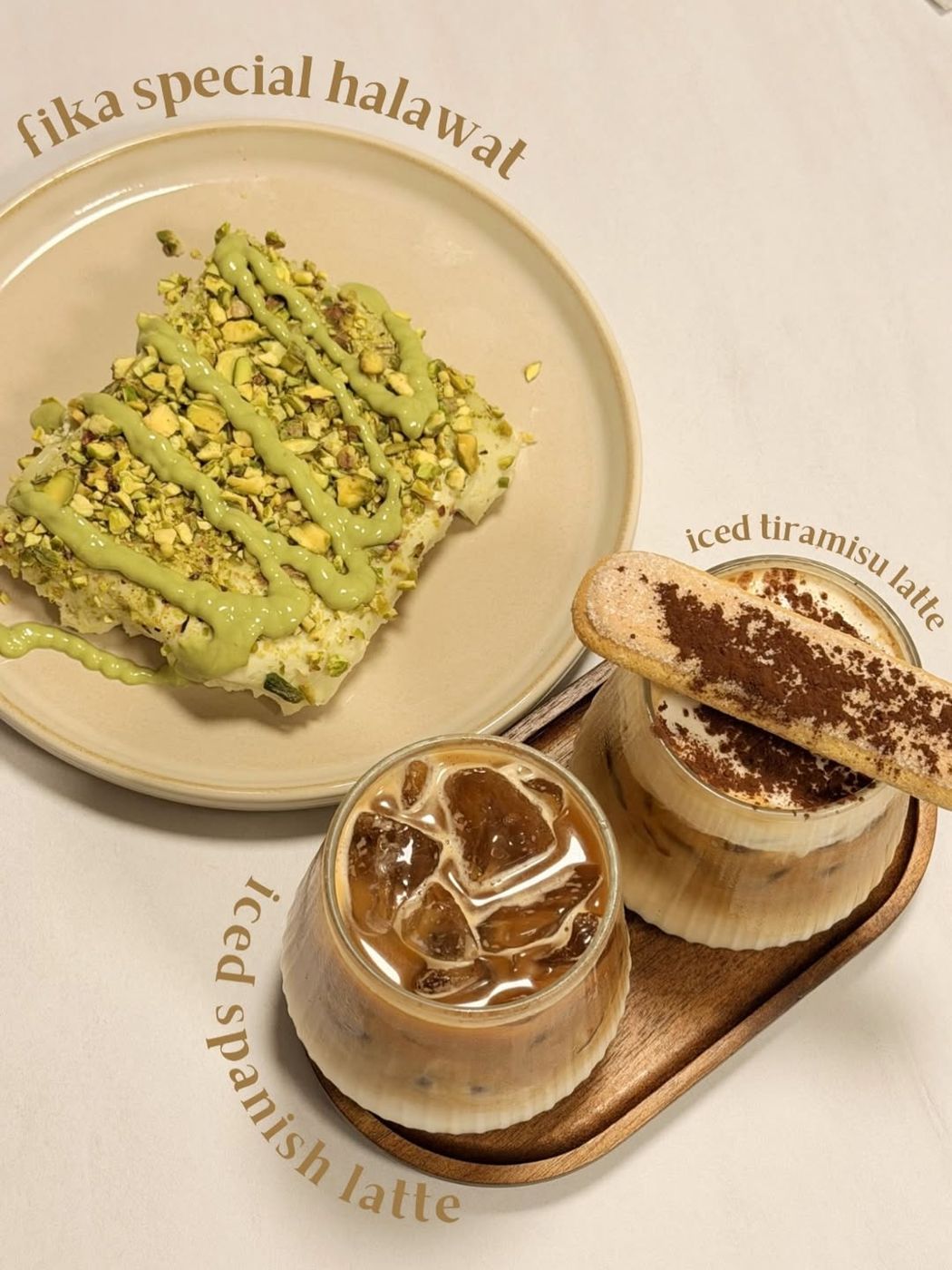 FIKA special halawat with pistachio, iced Spanish latte and iced tiramisu latte